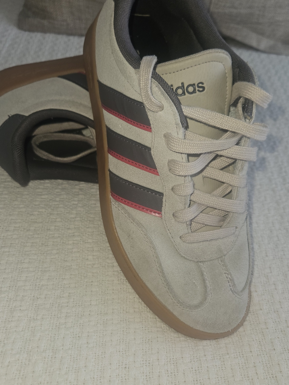 adidas Men’s Beige Suede Sneakers with Black and Red Stripes